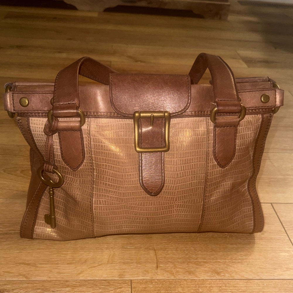 Fossil Vintage Brown Leather Satchel with Gold Accents